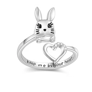 Süßer Cartoon Hase Herz Offener Verstellbarer Kupferring Mit Zirkonia Silberne Farbe Schmuck Für Damen Mädchen