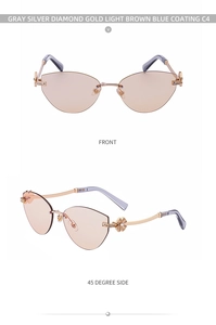 Vue détaillée de face et de côté de lunettes œil-de-chat sans monture avec strass trèfle