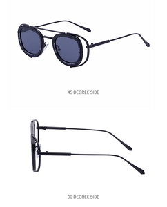 Detailed views of vintage oval sunglasses showing double-bridge frame and side profile