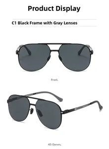 Front and 45-degree views of pilot sunglasses with black metal frames and grey lenses