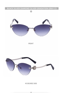 Détail de lunettes de soleil œil-de-chat sans monture avec branche fleur diamantée et verres