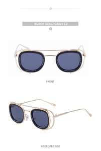 Front and 45-degree side view of vintage black and gold double bridge sunglasses