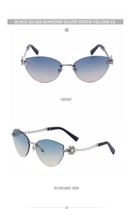 Vue détaillée des lunettes œil de chat avec branches argentées et décor trèfle strass