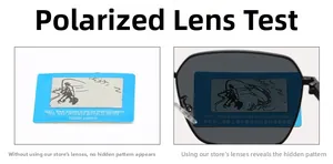 Polarized lens test card showing hidden fish graphic through square sunglasses