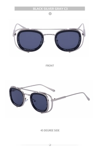 Detail of steampunk oval sunglasses featuring a silver metal frame and side shields