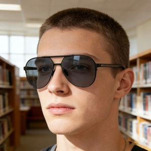 Classic black aviator polarized sunglasses for men with double bridge metal frame design