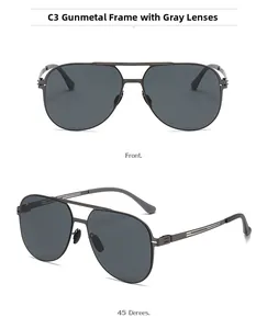 Detailed views of gunmetal aviator sunglasses with gray polarized lenses and double bridge