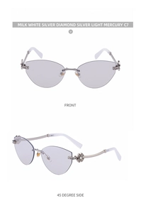 Détail de lunettes de soleil œil-de-chat sans monture avec verres argentés et strass floraux