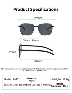Detailed size specifications for square polarized sunglasses with metal temples for men