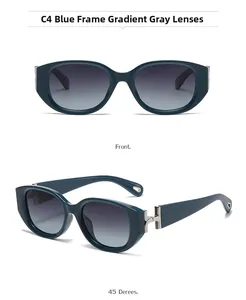 Detail view of cat eye sunglasses featuring blue frames and silver H-shaped metal hinges