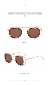 Detail view of brown tortoise oval sunglasses with gold metal frame and size markings