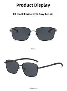 Detailed view of square polarized sunglasses with black metal frame and dark grey lenses