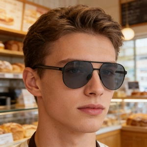 Classic black polarized aviator sunglasses with matte frame and gold metallic side detail