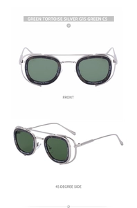 Front and angled view of retro oval silver metal sunglasses with green lenses