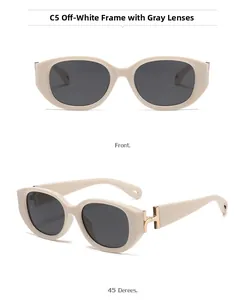 Front and 45-degree view of cream cat-eye sunglasses with gold H-shaped metal hinges