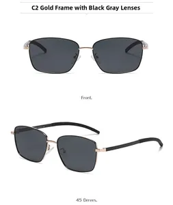 Detail view of square gold frame sunglasses with black gray polarized lenses