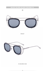 Detail view of retro oval sunglasses with double bridge and engraved silver coating