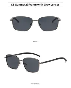 Detailed view of gunmetal square sunglasses frame with polarized gray lenses and model specs
