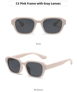 Front and 45-degree views of square pink polarized sunglasses with gray lenses
