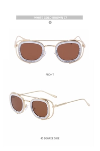 Detail of retro oval metal sunglasses with white gold frame and brown lenses