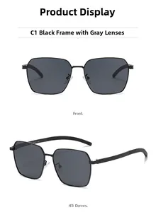 Front and side views of square polarized sunglasses with black frames and metal temples
