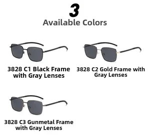 Three color options for square frame polarized sunglasses in black, gold, and gunmetal grey