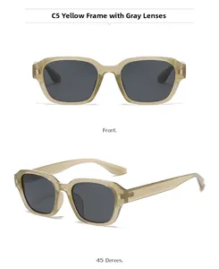Detail view of transparent yellow-green polarized sunglasses with grey lenses and metal rivets