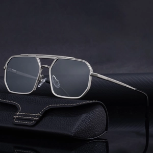 Silver geometric square aviator sunglasses with double bridge and leather case
