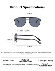 Detailed size specifications for men's polarized aviator sunglasses with dimensions