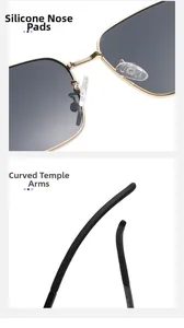 Detail of soft silicone nose pads and curved temples on square polarized metal sunglasses