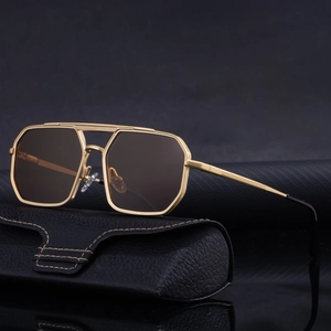 Classic double-bridge square sunglasses with gold metal frame and brown lenses