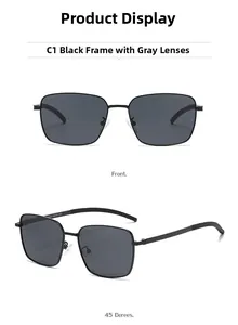 Front and 45-degree angle views of black square polarized sunglasses with metal frames