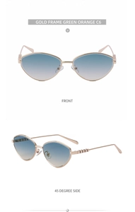 Vista frontale e laterale di occhiali da sole cat eye oro con lenti sfumate blu arancio