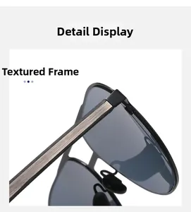 Close-up of textured black metal temples and precision hinges on pilot sunglasses