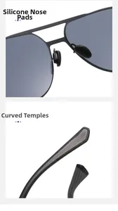 Detail of silicone nose pads and curved anti-slip temples on matte aviator sunglasses