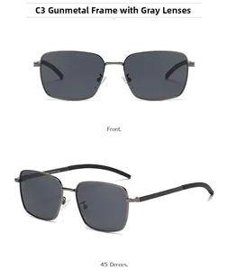Front and 45-degree angle views of gunmetal square polarized sunglasses with gray lenses