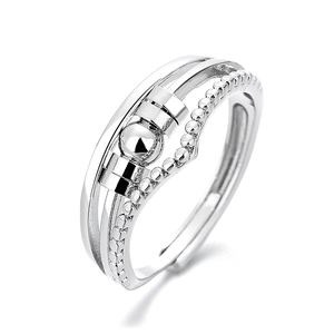 Minimalist silver spinning ring with triple-layered cross design and moving beads