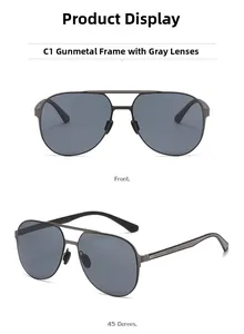 Detailed front and 45-degree angle view of gunmetal pilot sunglasses with gray lenses