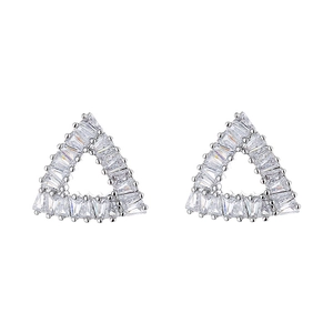 Silver triangle stud earrings with square-cut cubic zirconia in a modern geometric style