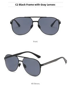 Front and 45-degree view of polarized pilot sunglasses with black metal frame and gray lens