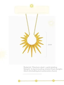 Detailed view of 18K gold plated sun pendant necklace with dimensions and chain length specs