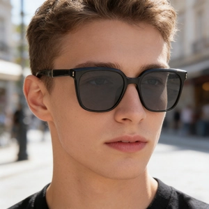 2025 modern men polarized square sunglasses with black frame and silver metal accents