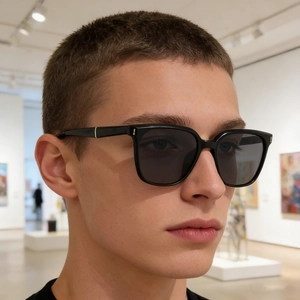 Detail of classic black square sunglasses featuring silver rivets and polished finish