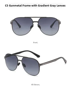 Front and 45-degree views of aviator sunglasses with gunmetal frames and gradient gray lenses