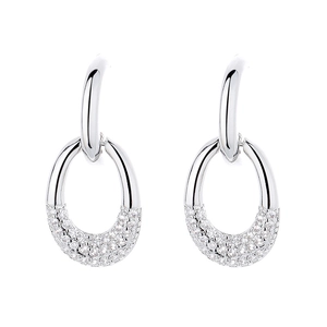 Elegant silver drop earrings with polished rings and micro-pave oval zircon pendants