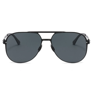 Classic aviator sunglasses with black metal frame and polarized dark grey lenses