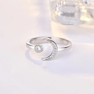 Elegant adjustable silver moon ring with sparkling cubic zirconia minimalist star design