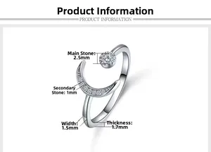 Detail view of crescent moon ring showing 2.5mm main stone and 1.5mm band width dimensions
