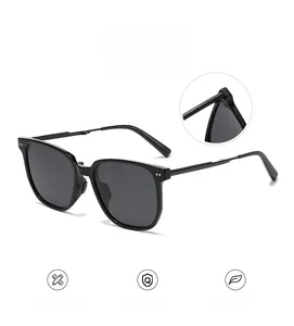 Detail of square polarized sunglasses showing durable metal hinges and matte black frame