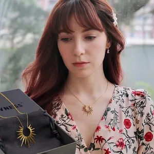 18K gold plated sun pendant necklace for women with elegant gift box and velvet pouch
